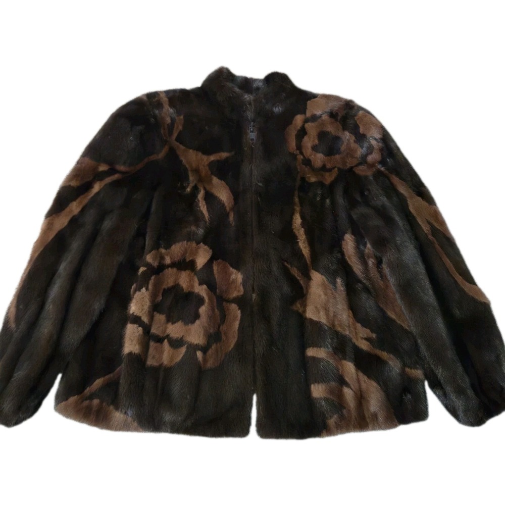 Vintage Adolfo Sport Real Mink Fur Floral Pattern Jacket Brown Black 80s 90s L
